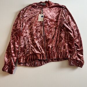 NWT Libby Story Women's Rose Pink Crush Velvet Bomber Jacket Large Full Zip